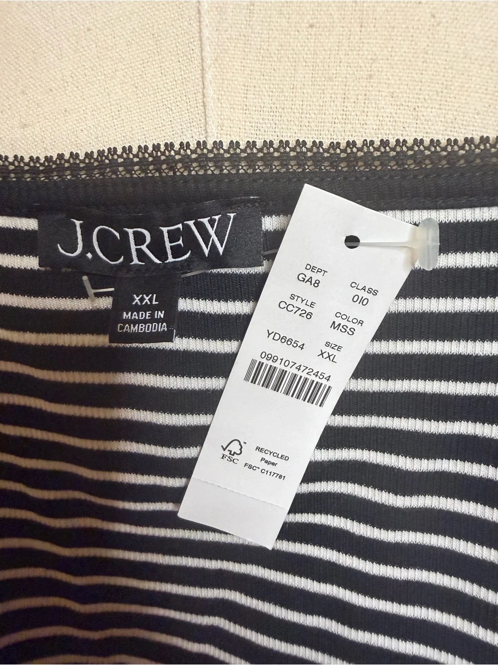 J. Crew Black & White Striped Fine Rib Lace Trim Cami